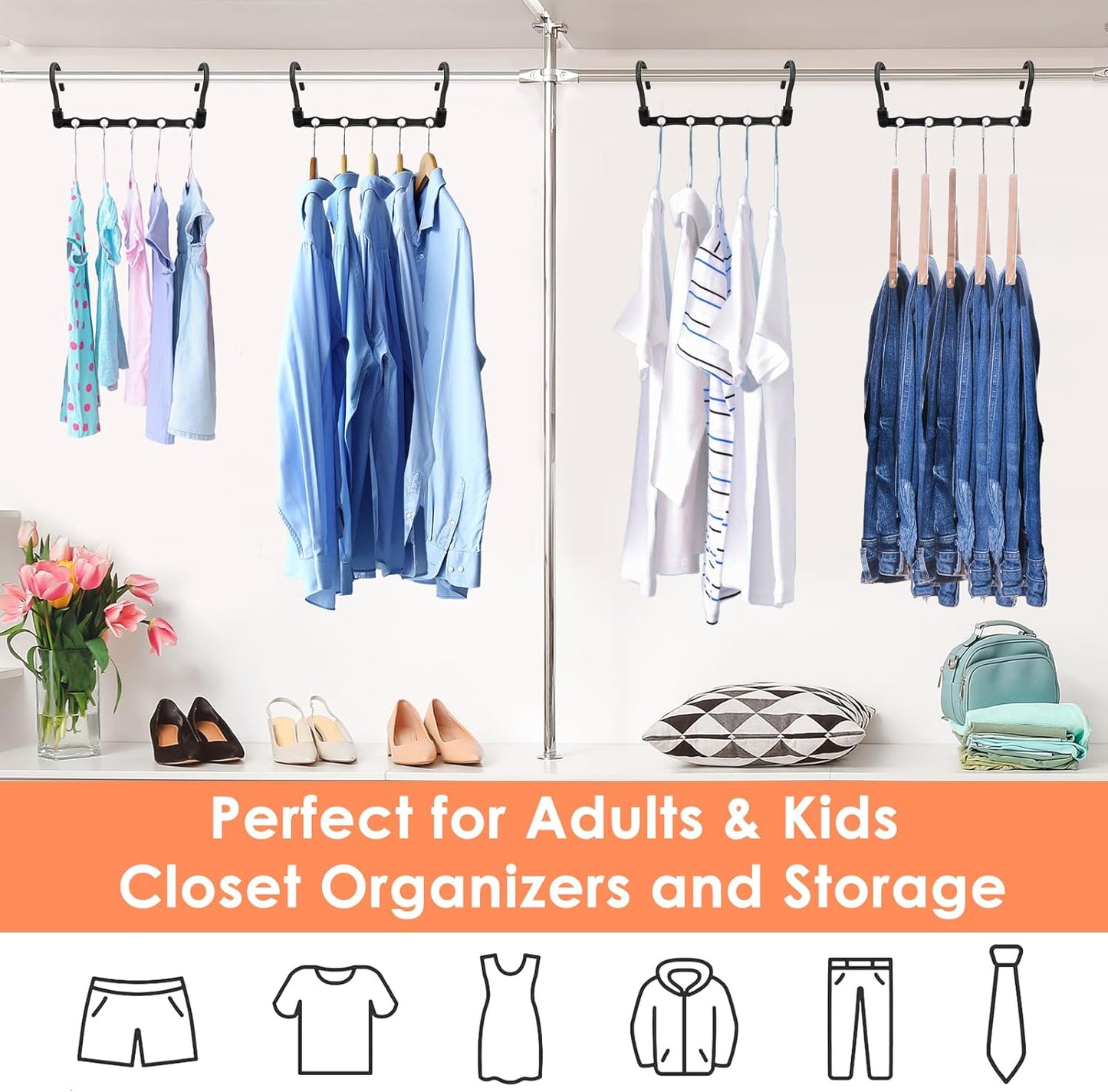 Closet Organizers and Storage, Magic Space Saving Hanger for 40 Heavy Clothes, Smart 360° Swivel Hook Cascading Hangers, Closet Organization Clothes Hangers, College Dorm Room Essentials for Girls