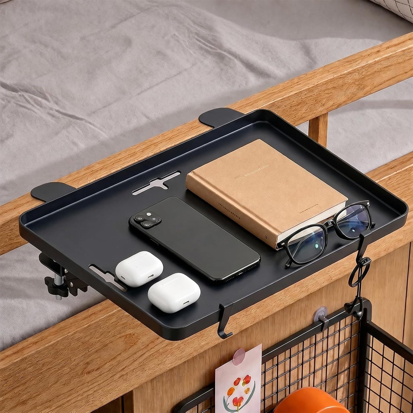 Bedside Bunk Bed Shelf for College Dorm Essentials, Bedside Caddy with Cable Catch & Bedside Organizer, Floating Nightstand for Bed Room, Office, Dorm Room, Metal beside Tray, Bed Table, Black