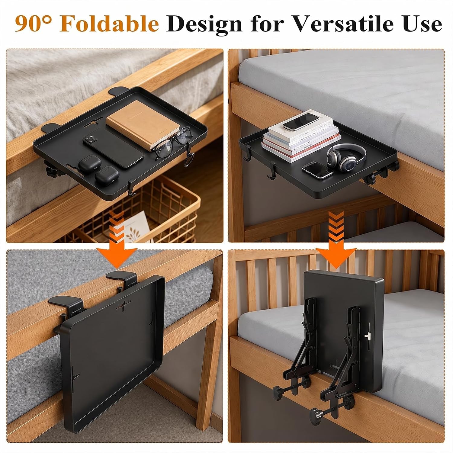 Bedside Bunk Bed Shelf for College Dorm Essentials, Bedside Caddy with Cable Catch & Bedside Organizer, Floating Nightstand for Bed Room, Office, Dorm Room, Metal beside Tray, Bed Table, Black