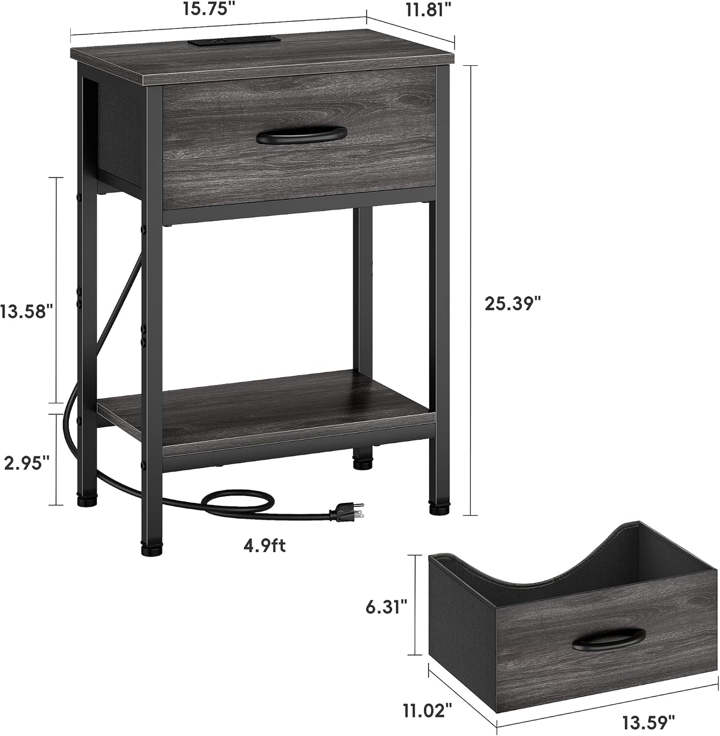 Nightstand Set of 2 with Charging Station, Bed Side Table with Fabric Drawer, Small End Table with 2-Tier Open Shelves, 25.4" Tall Night Stand Bedside Table for Bedroom Living Room, Black Oak