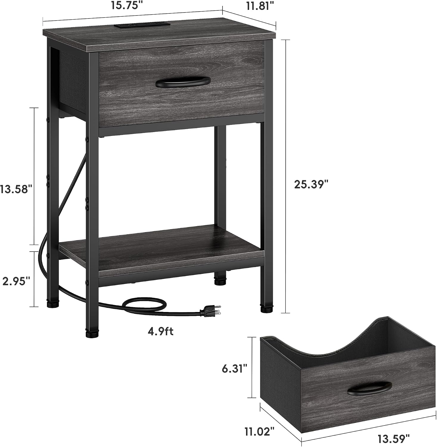 Nightstand Set of 2 with Charging Station, Bed Side Table with Fabric Drawer, Small End Table with 2-Tier Open Shelves, 25.4" Tall Night Stand Bedside Table for Bedroom Living Room, Black Oak