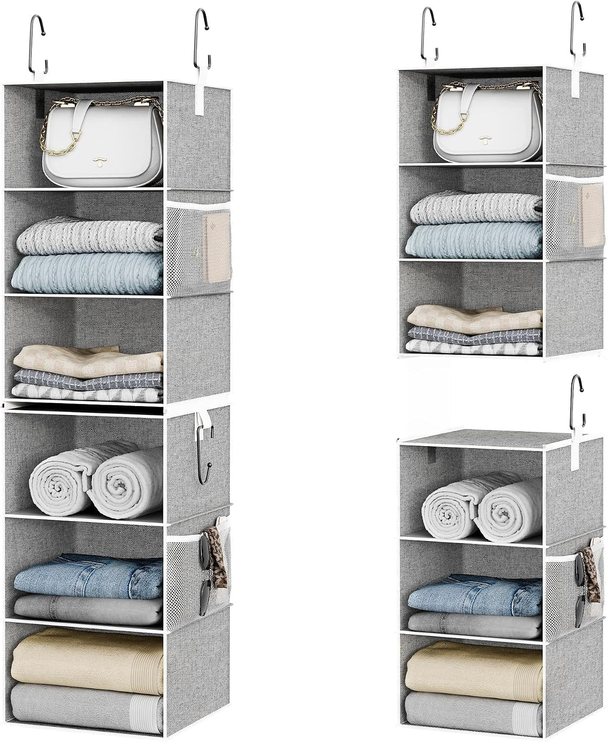 6-Shelf Closet Organizers, Two 3-Shelf Separable Hanging Shelves for Close, 12 1⁄2" D X 12 1⁄2" W X 47 ¼" H, Canvas, Gray