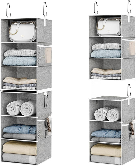 6-Shelf Closet Organizers, Two 3-Shelf Separable Hanging Shelves for Close, 12 1⁄2" D X 12 1⁄2" W X 47 ¼" H, Canvas, Gray