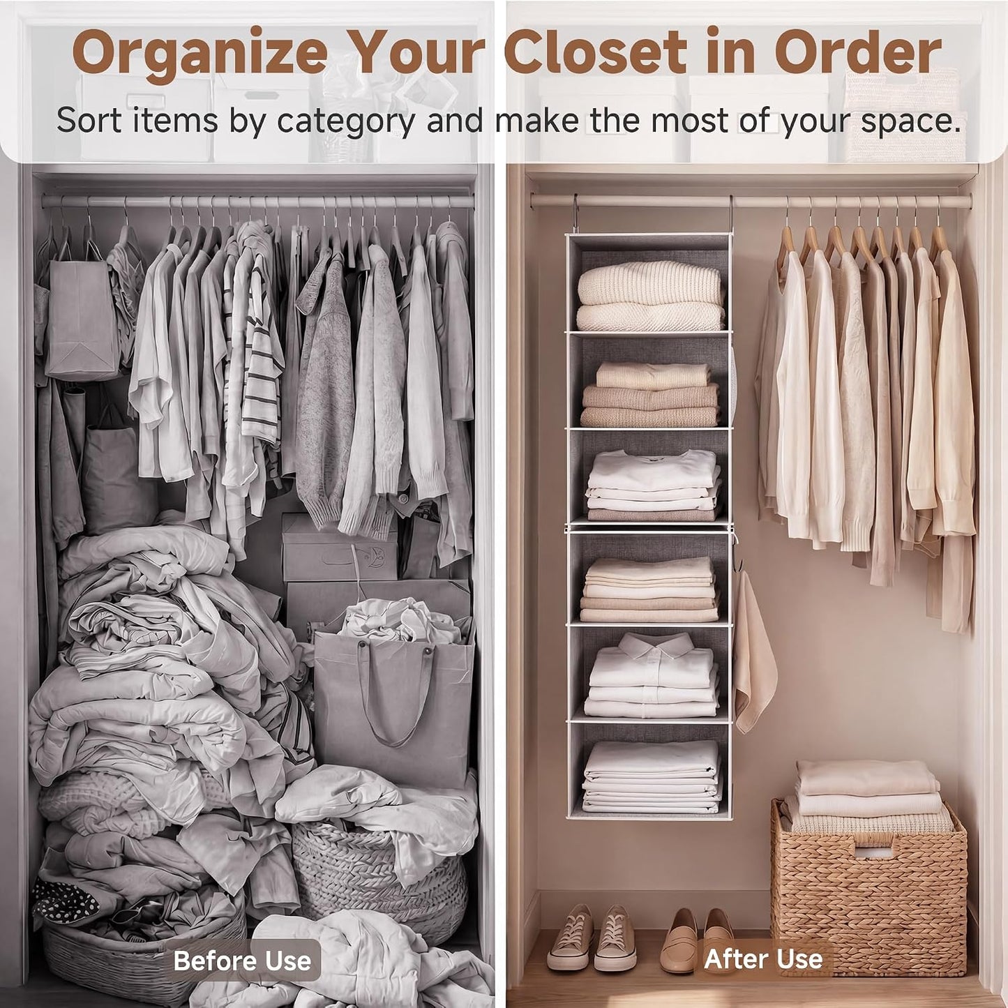 6-Shelf Closet Organizers, Two 3-Shelf Separable Hanging Shelves for Close, 12 1⁄2" D X 12 1⁄2" W X 47 ¼" H, Canvas, Gray