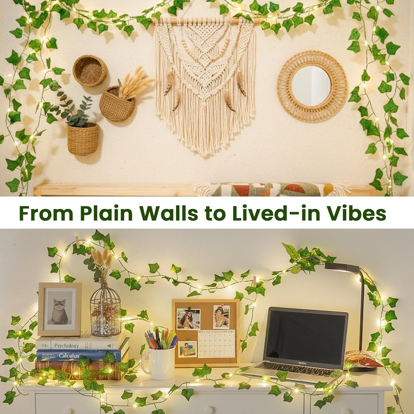 Ivy Vine String Lights, 23FT 73 LED Pre-Wrapped Faux Ivy Garland with Fairy Lights, USB & Battery Powered Leaf Lights for Bedroom Wall, Dorm Room, Classroom Decor, Warm White