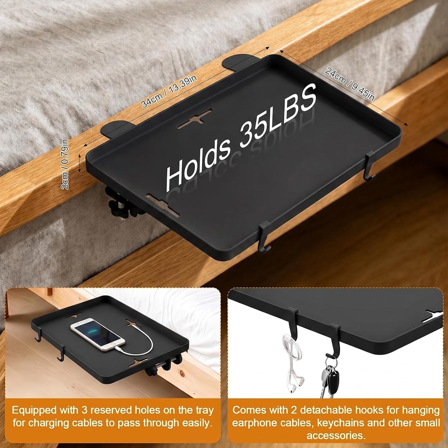 Bedside Bunk Bed Shelf for College Dorm Essentials, Bedside Caddy with Cable Catch & Bedside Organizer, Floating Nightstand for Bed Room, Office, Dorm Room, Metal beside Tray, Bed Table, Black