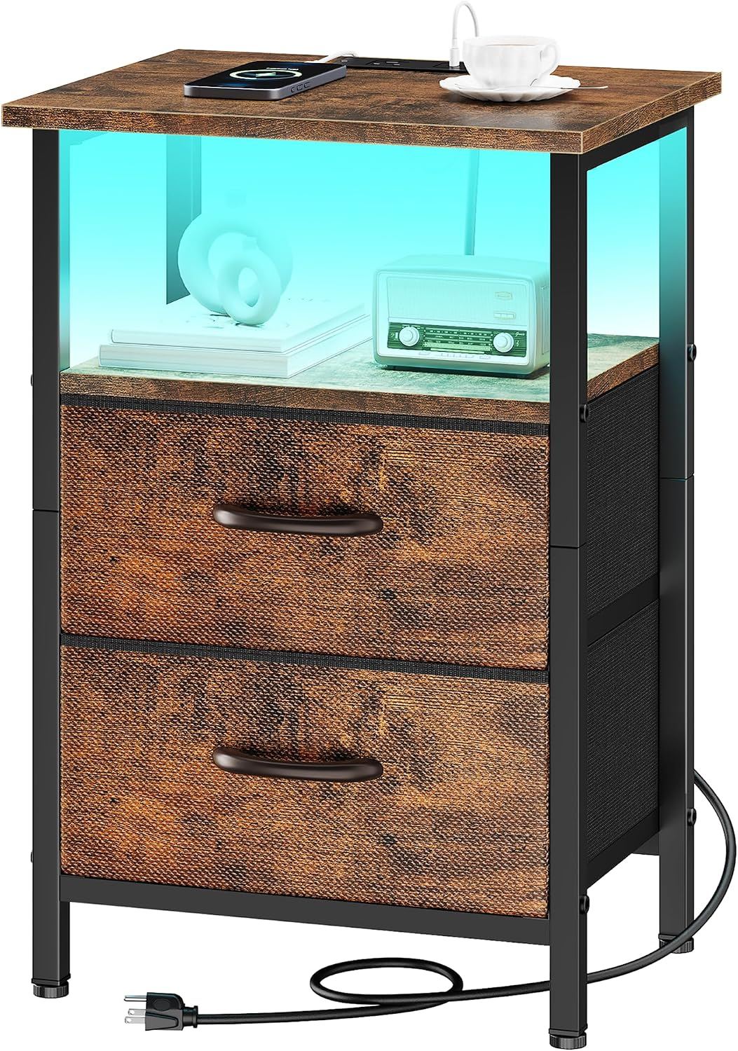 Night Stand Bedside Table Bedroom, LED Nightstand with Charging Station, End Table with USB Ports & Outlets, 24.2" Tall Bed Side Table with 2 Fabric Drawers and Storage Shelf, Rustic Brown