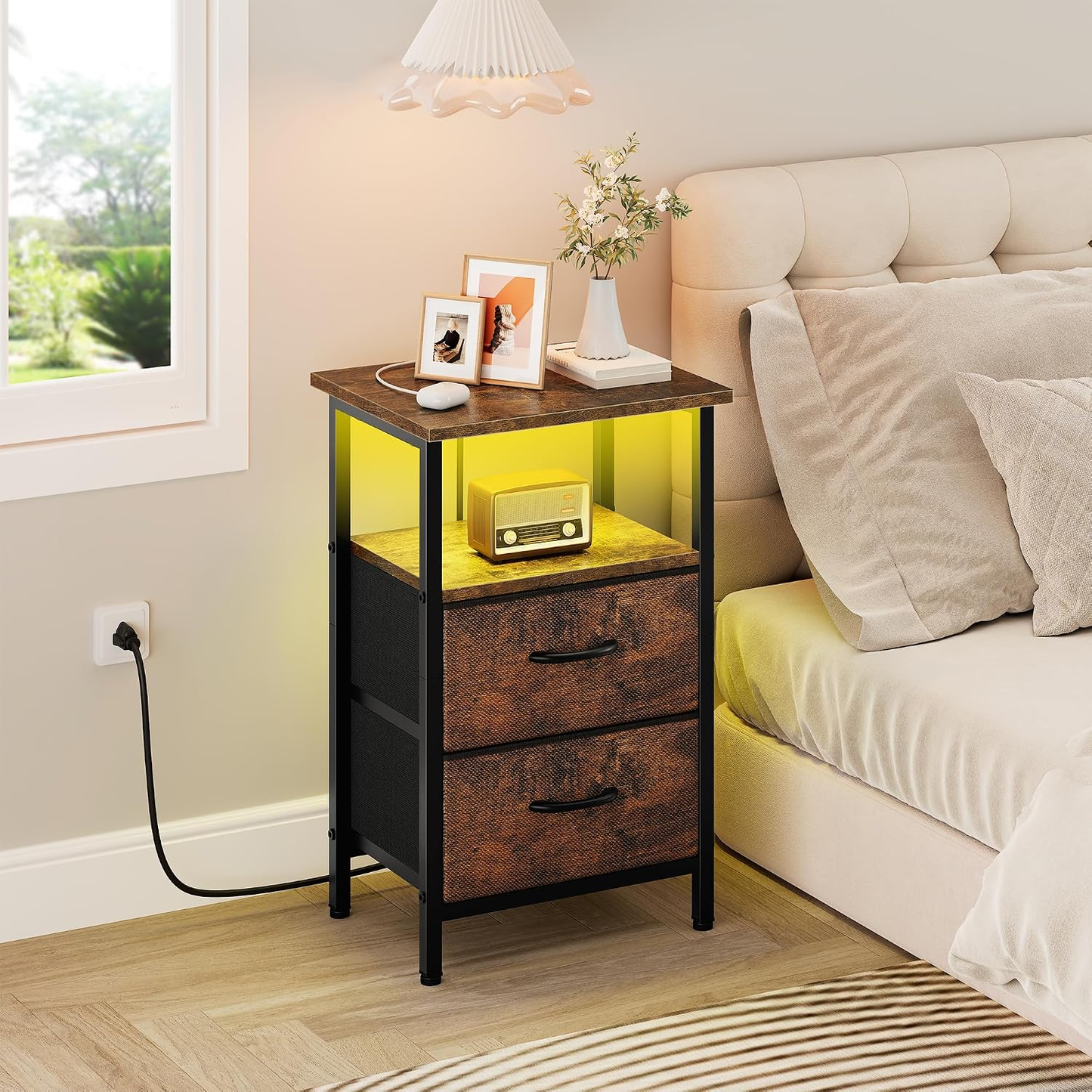 Night Stand Bedside Table Bedroom, LED Nightstand with Charging Station, End Table with USB Ports & Outlets, 24.2" Tall Bed Side Table with 2 Fabric Drawers and Storage Shelf, Rustic Brown