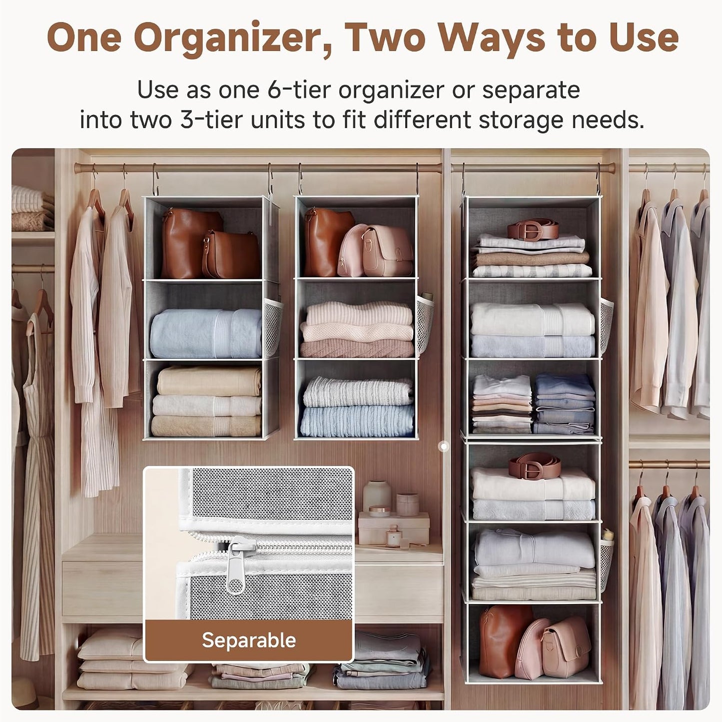 6-Shelf Closet Organizers, Two 3-Shelf Separable Hanging Shelves for Close, 12 1⁄2" D X 12 1⁄2" W X 47 ¼" H, Canvas, Gray