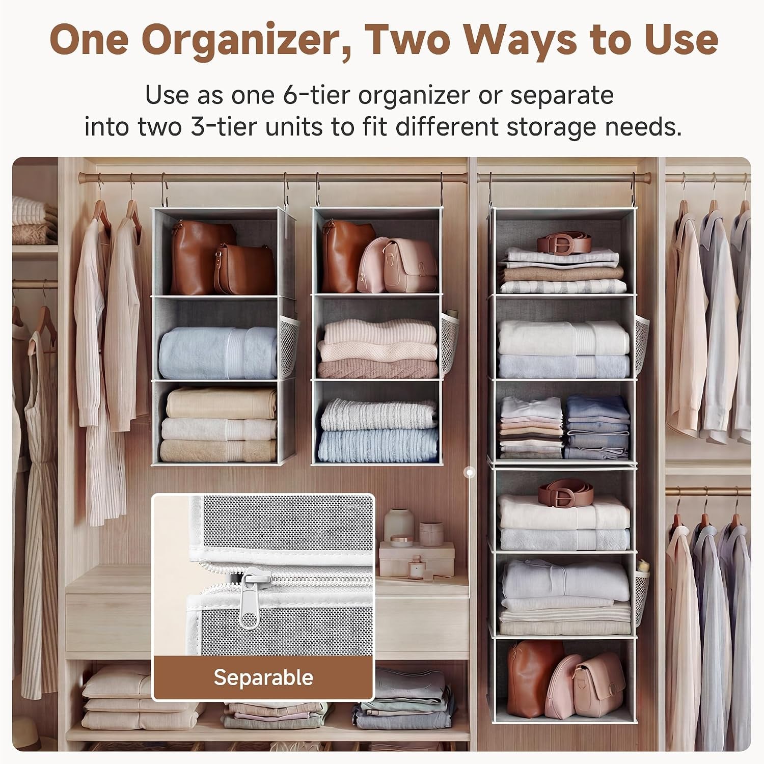6-Shelf Closet Organizers, Two 3-Shelf Separable Hanging Shelves for Close, 12 1⁄2" D X 12 1⁄2" W X 47 ¼" H, Canvas, Gray