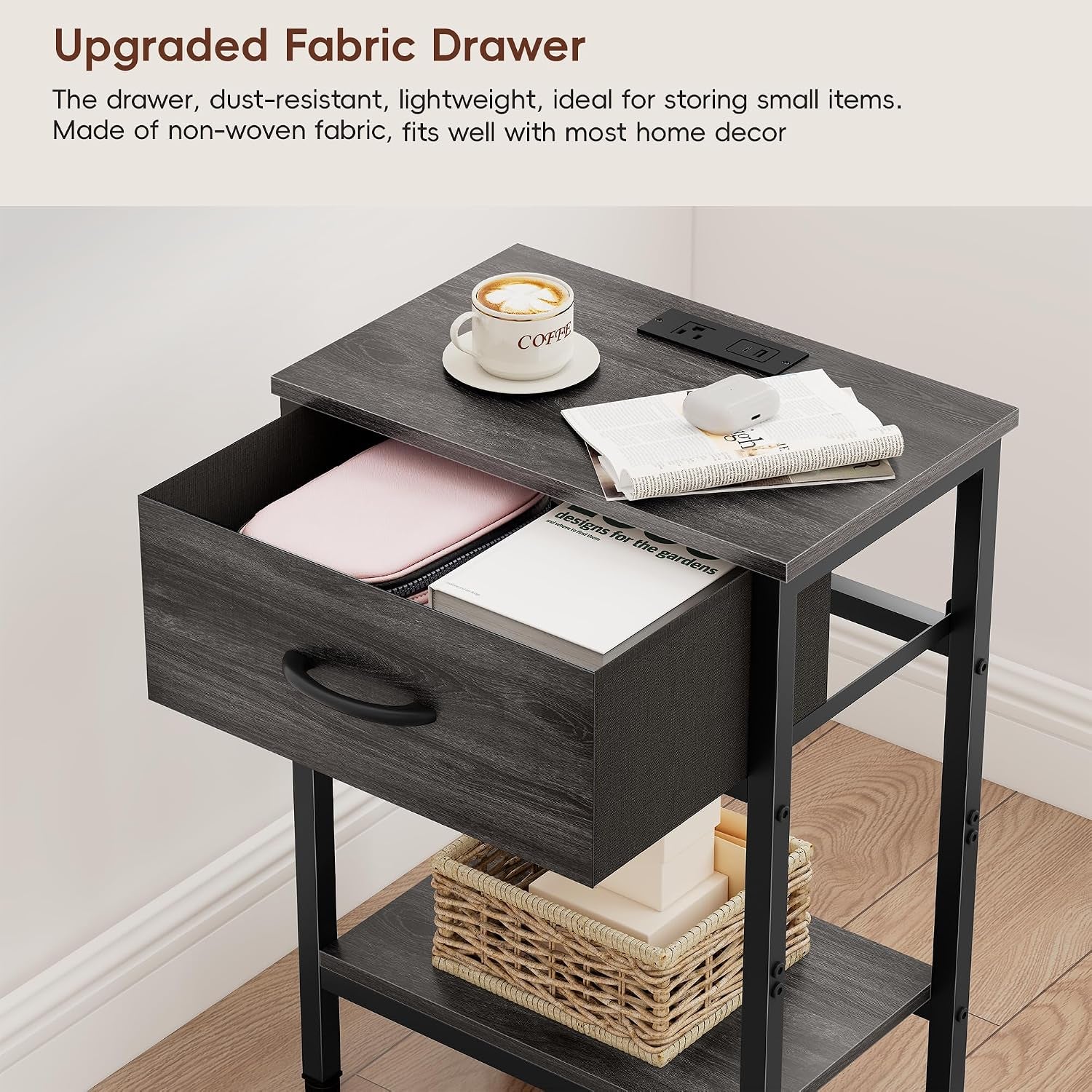 Nightstand Set of 2 with Charging Station, Bed Side Table with Fabric Drawer, Small End Table with 2-Tier Open Shelves, 25.4" Tall Night Stand Bedside Table for Bedroom Living Room, Black Oak