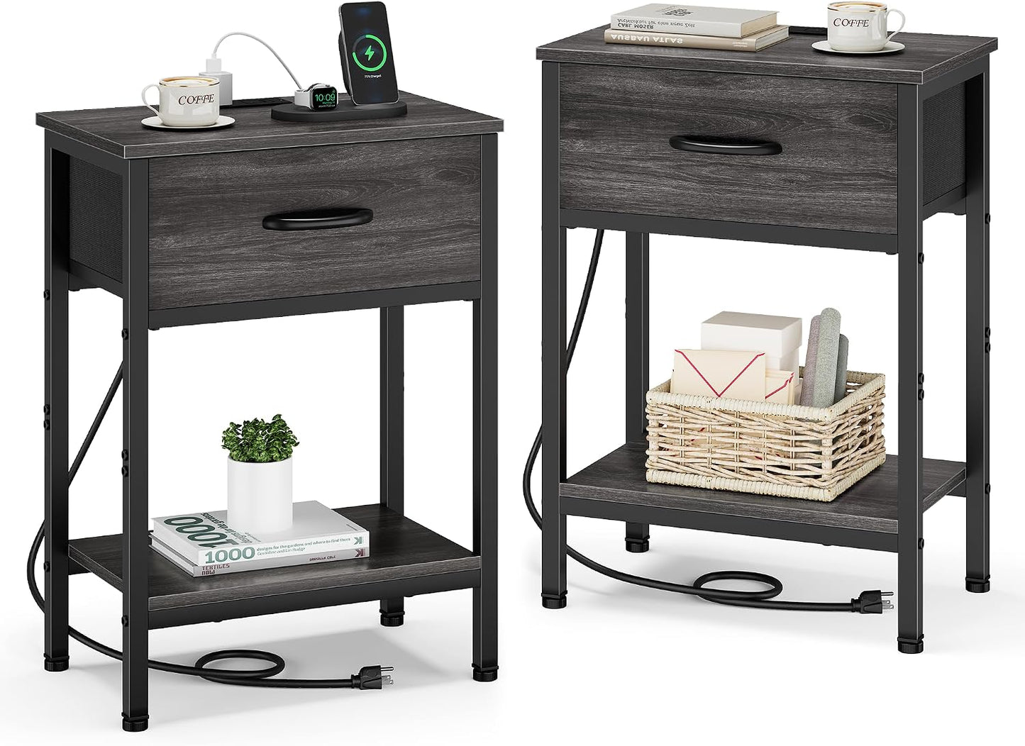Nightstand Set of 2 with Charging Station, Bed Side Table with Fabric Drawer, Small End Table with 2-Tier Open Shelves, 25.4" Tall Night Stand Bedside Table for Bedroom Living Room, Black Oak