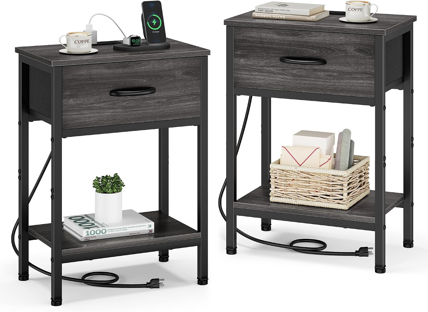 Nightstand Set of 2 with Charging Station, Bed Side Table with Fabric Drawer, Small End Table with 2-Tier Open Shelves, 25.4" Tall Night Stand Bedside Table for Bedroom Living Room, Black Oak