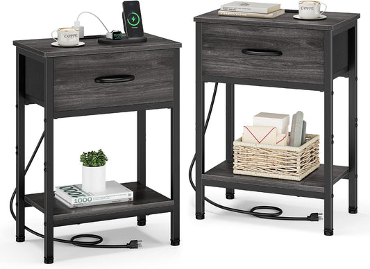 Nightstand Set of 2 with Charging Station, Bed Side Table with Fabric Drawer, Small End Table with 2-Tier Open Shelves, 25.4" Tall Night Stand Bedside Table for Bedroom Living Room, Black Oak