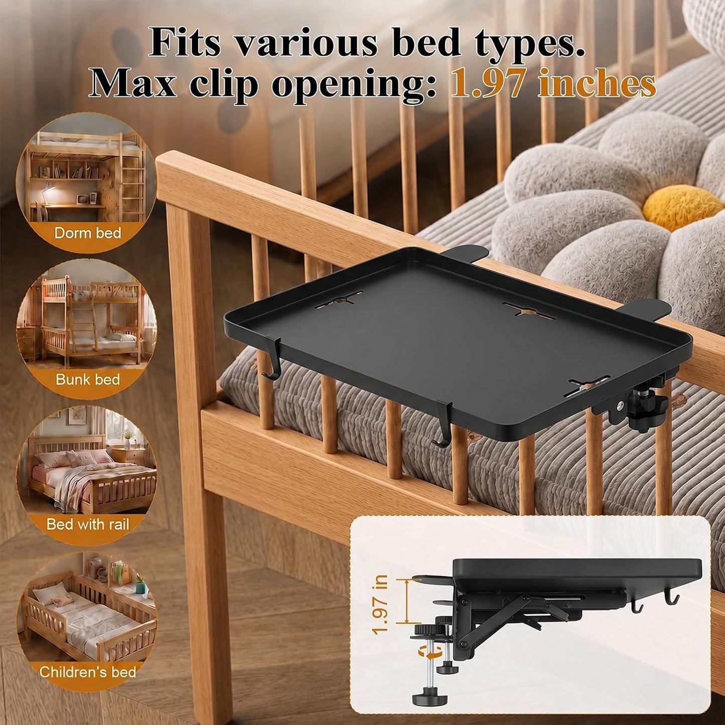 Bedside Bunk Bed Shelf for College Dorm Essentials, Bedside Caddy with Cable Catch & Bedside Organizer, Floating Nightstand for Bed Room, Office, Dorm Room, Metal beside Tray, Bed Table, Black