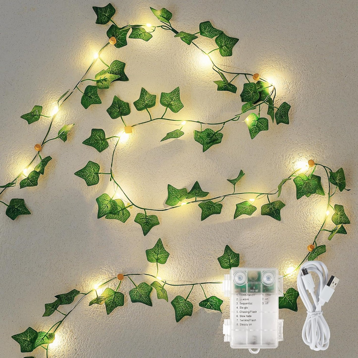 Ivy Vine String Lights, 23FT 73 LED Pre-Wrapped Faux Ivy Garland with Fairy Lights, USB & Battery Powered Leaf Lights for Bedroom Wall, Dorm Room, Classroom Decor, Warm White