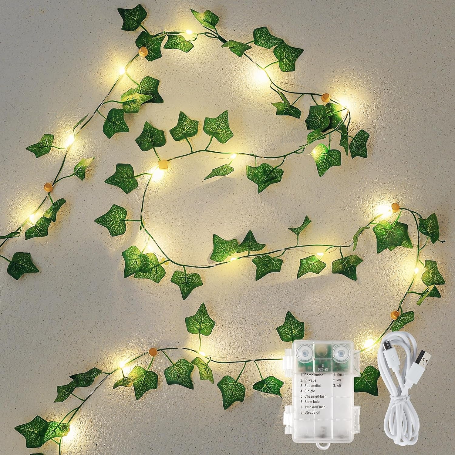 Ivy Vine String Lights, 23FT 73 LED Pre-Wrapped Faux Ivy Garland with Fairy Lights, USB & Battery Powered Leaf Lights for Bedroom Wall, Dorm Room, Classroom Decor, Warm White