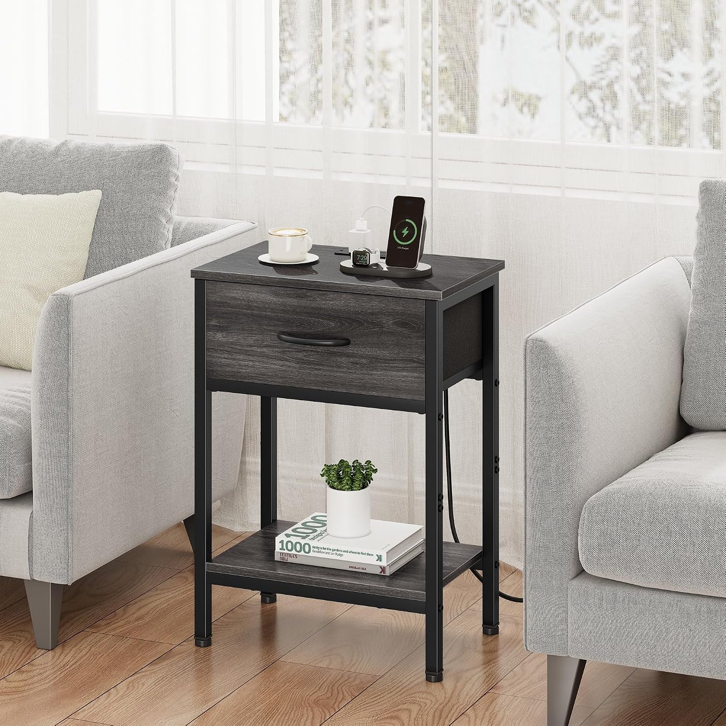 Nightstand Set of 2 with Charging Station, Bed Side Table with Fabric Drawer, Small End Table with 2-Tier Open Shelves, 25.4" Tall Night Stand Bedside Table for Bedroom Living Room, Black Oak