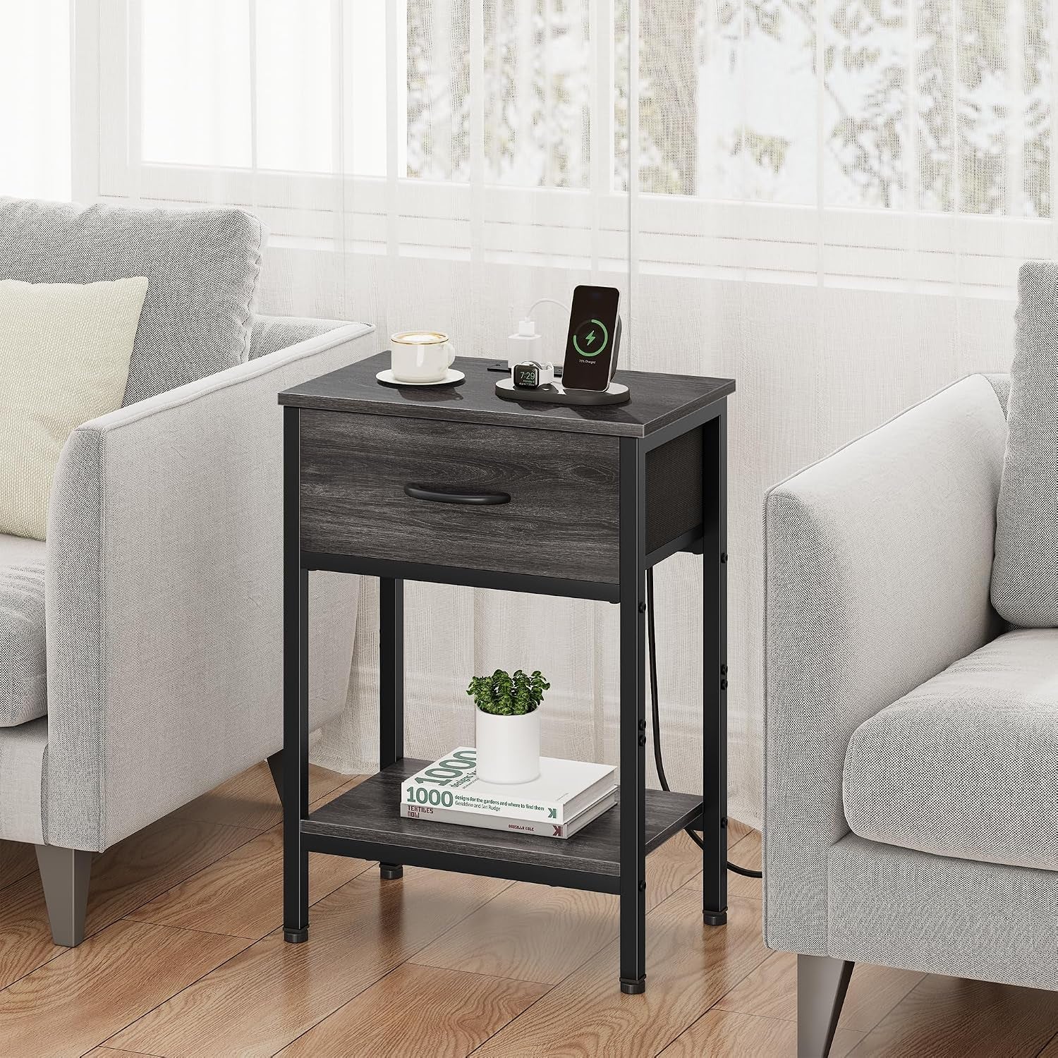 Nightstand Set of 2 with Charging Station, Bed Side Table with Fabric Drawer, Small End Table with 2-Tier Open Shelves, 25.4" Tall Night Stand Bedside Table for Bedroom Living Room, Black Oak
