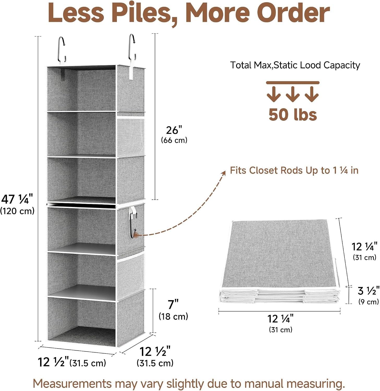 6-Shelf Closet Organizers, Two 3-Shelf Separable Hanging Shelves for Close, 12 1⁄2" D X 12 1⁄2" W X 47 ¼" H, Canvas, Gray