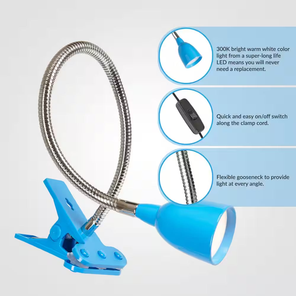 22 In. Blue Clip on Spotlight LED Gooseneck Clamp Light, Bendable LED Lamp for Desk, Bed, and Dorm Room