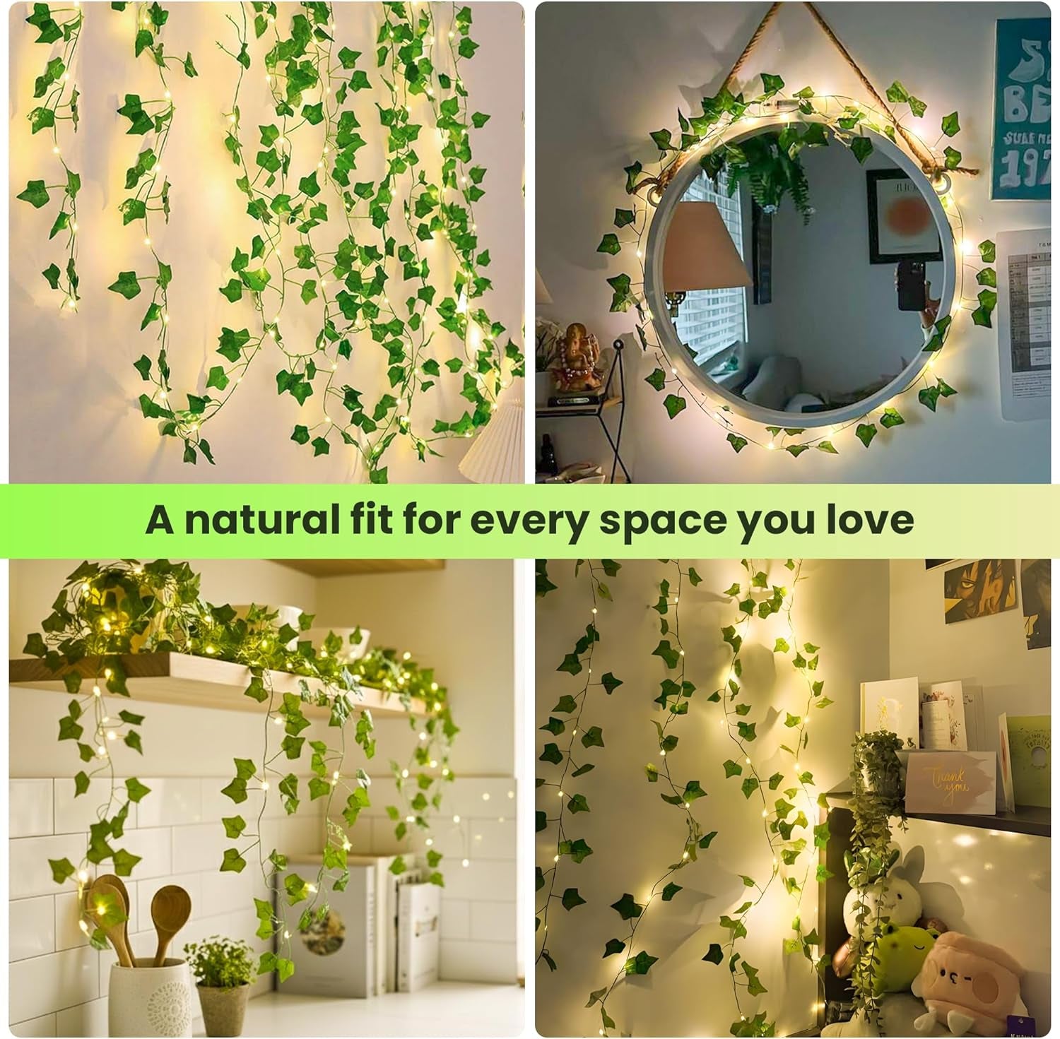 Ivy Vine String Lights, 23FT 73 LED Pre-Wrapped Faux Ivy Garland with Fairy Lights, USB & Battery Powered Leaf Lights for Bedroom Wall, Dorm Room, Classroom Decor, Warm White
