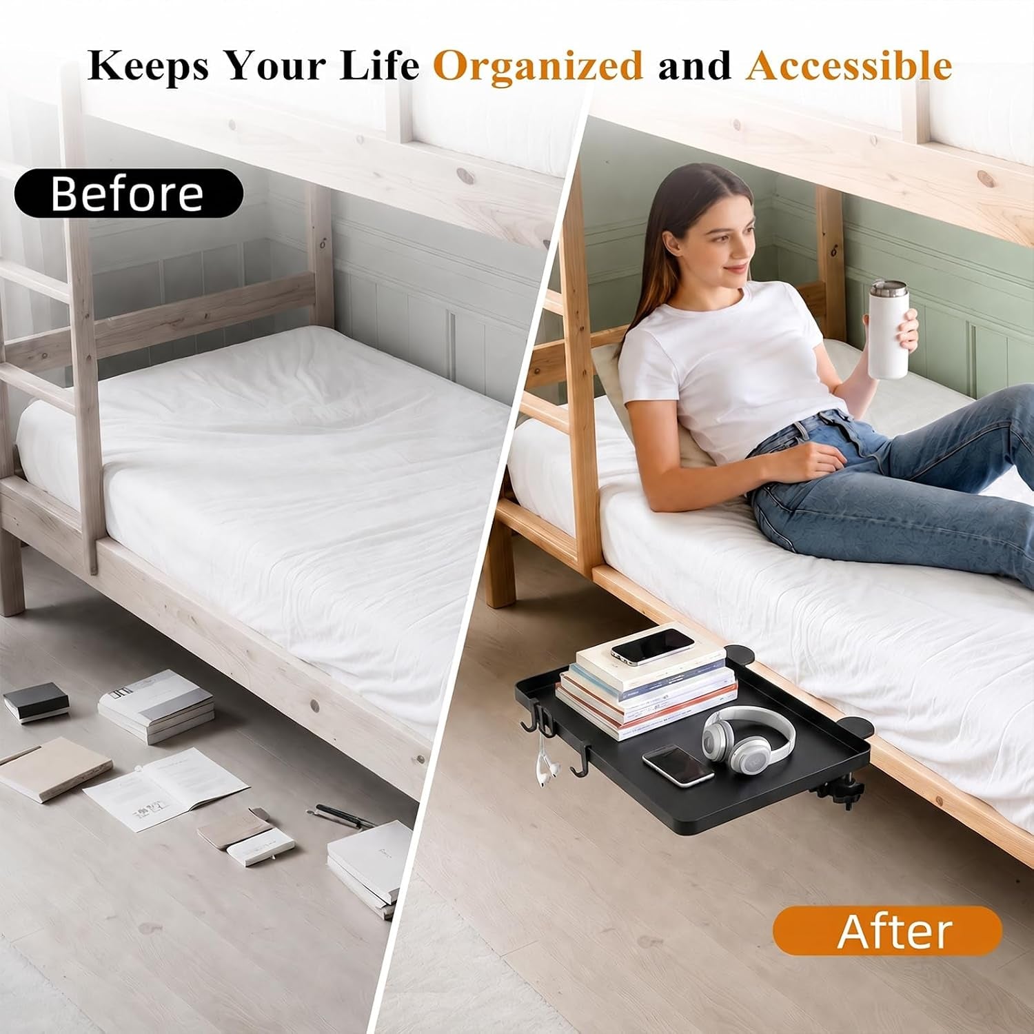 Bedside Bunk Bed Shelf for College Dorm Essentials, Bedside Caddy with Cable Catch & Bedside Organizer, Floating Nightstand for Bed Room, Office, Dorm Room, Metal beside Tray, Bed Table, Black