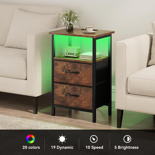 Night Stand Bedside Table Bedroom, LED Nightstand with Charging Station, End Table with USB Ports & Outlets, 24.2" Tall Bed Side Table with 2 Fabric Drawers and Storage Shelf, Rustic Brown