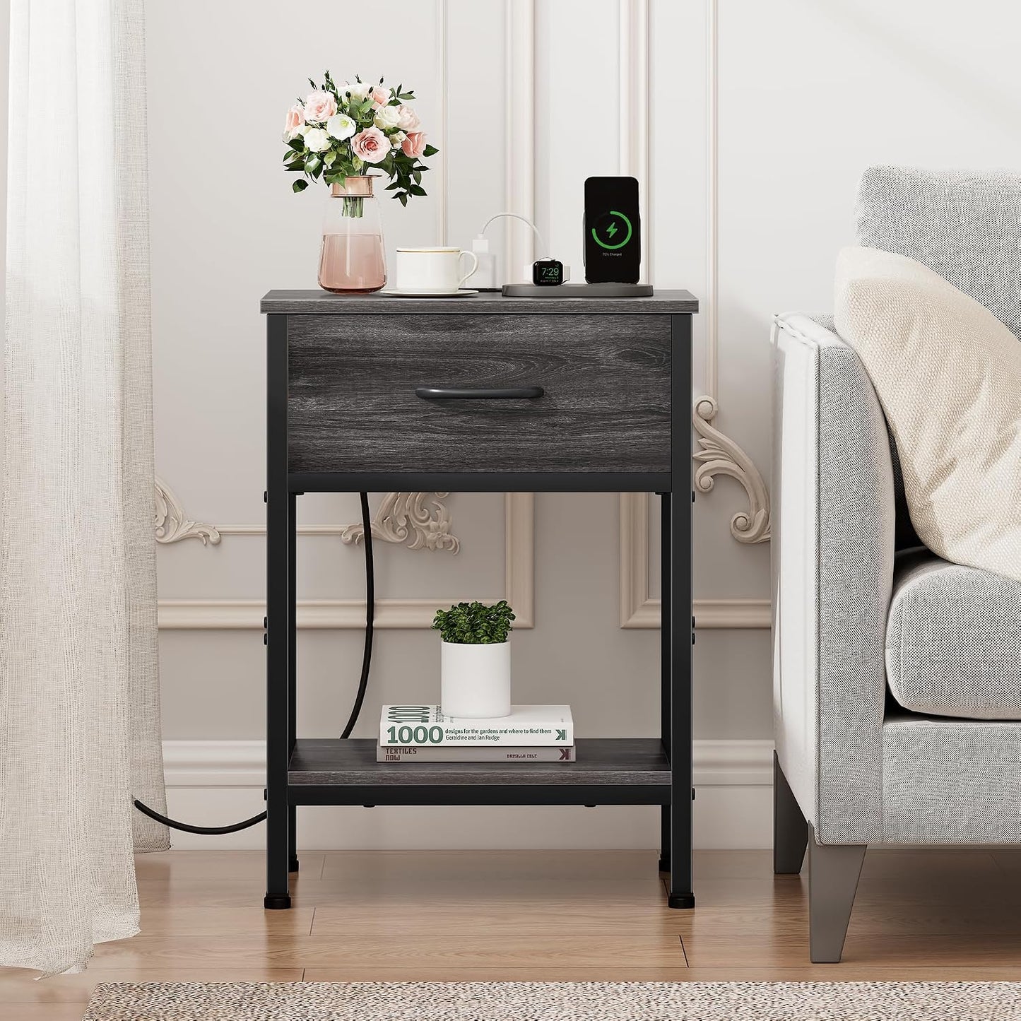 Nightstand Set of 2 with Charging Station, Bed Side Table with Fabric Drawer, Small End Table with 2-Tier Open Shelves, 25.4" Tall Night Stand Bedside Table for Bedroom Living Room, Black Oak