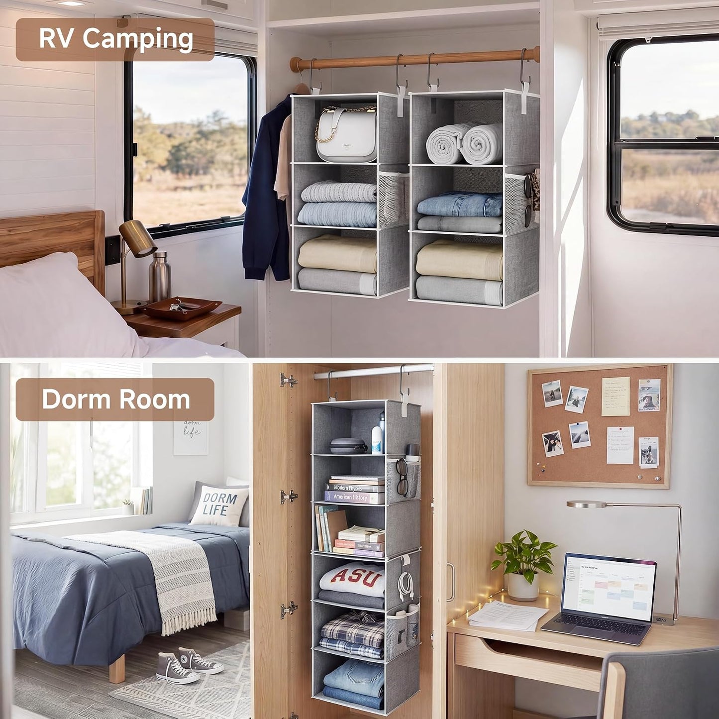 6-Shelf Closet Organizers, Two 3-Shelf Separable Hanging Shelves for Close, 12 1⁄2" D X 12 1⁄2" W X 47 ¼" H, Canvas, Gray