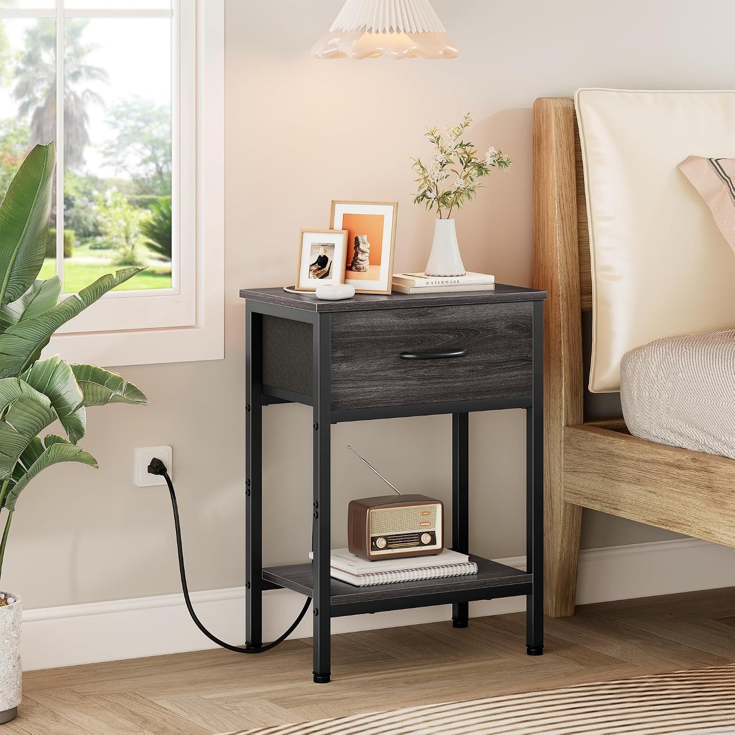 Nightstand Set of 2 with Charging Station, Bed Side Table with Fabric Drawer, Small End Table with 2-Tier Open Shelves, 25.4" Tall Night Stand Bedside Table for Bedroom Living Room, Black Oak