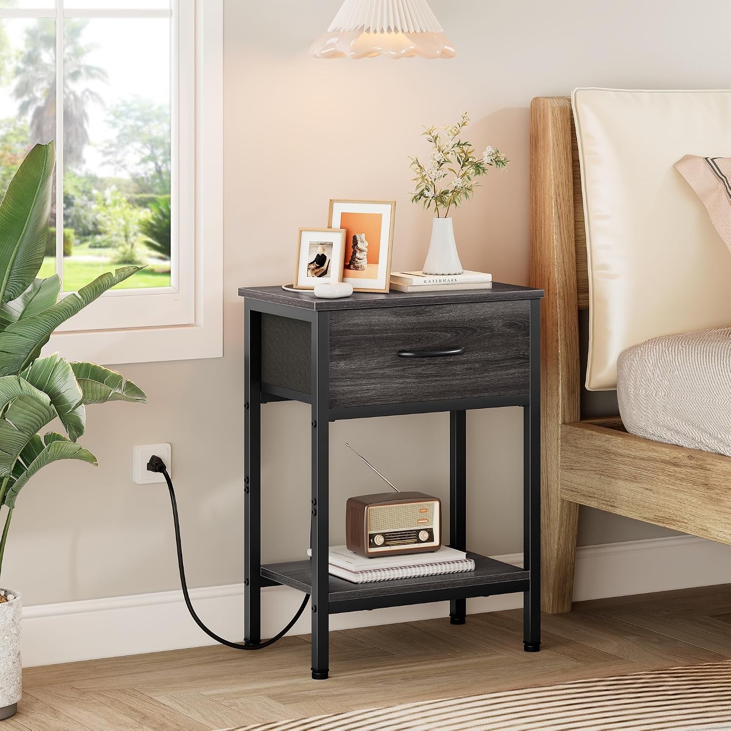 Nightstand Set of 2 with Charging Station, Bed Side Table with Fabric Drawer, Small End Table with 2-Tier Open Shelves, 25.4" Tall Night Stand Bedside Table for Bedroom Living Room, Black Oak