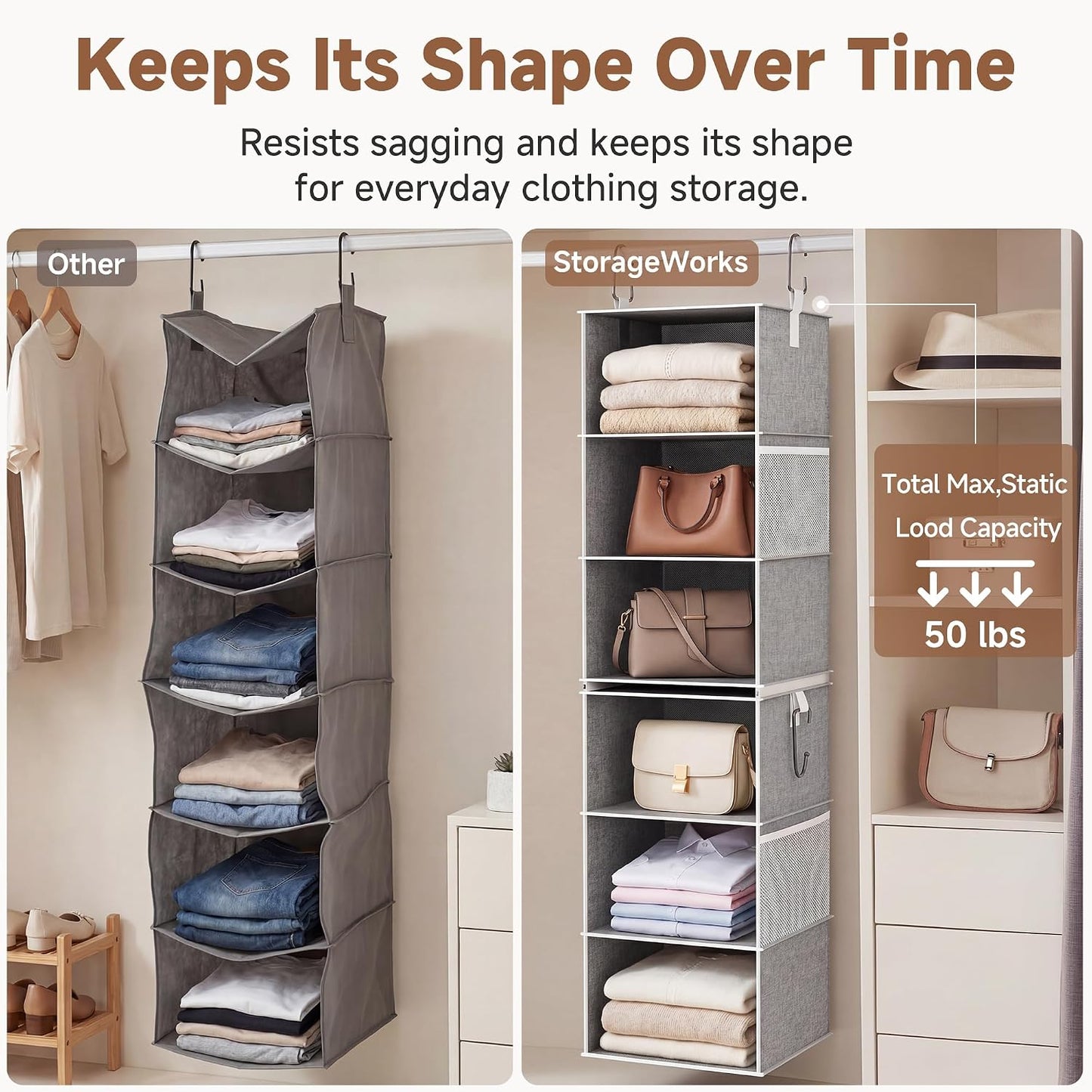 6-Shelf Closet Organizers, Two 3-Shelf Separable Hanging Shelves for Close, 12 1⁄2" D X 12 1⁄2" W X 47 ¼" H, Canvas, Gray