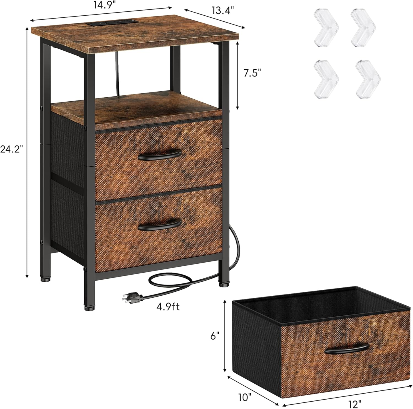 Night Stand Bedside Table Bedroom, LED Nightstand with Charging Station, End Table with USB Ports & Outlets, 24.2" Tall Bed Side Table with 2 Fabric Drawers and Storage Shelf, Rustic Brown
