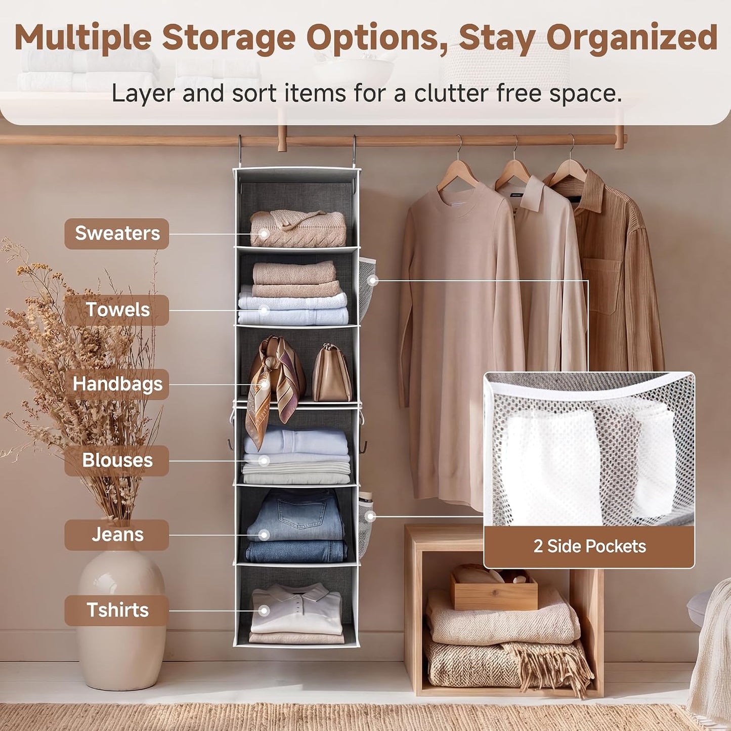 6-Shelf Closet Organizers, Two 3-Shelf Separable Hanging Shelves for Close, 12 1⁄2" D X 12 1⁄2" W X 47 ¼" H, Canvas, Gray